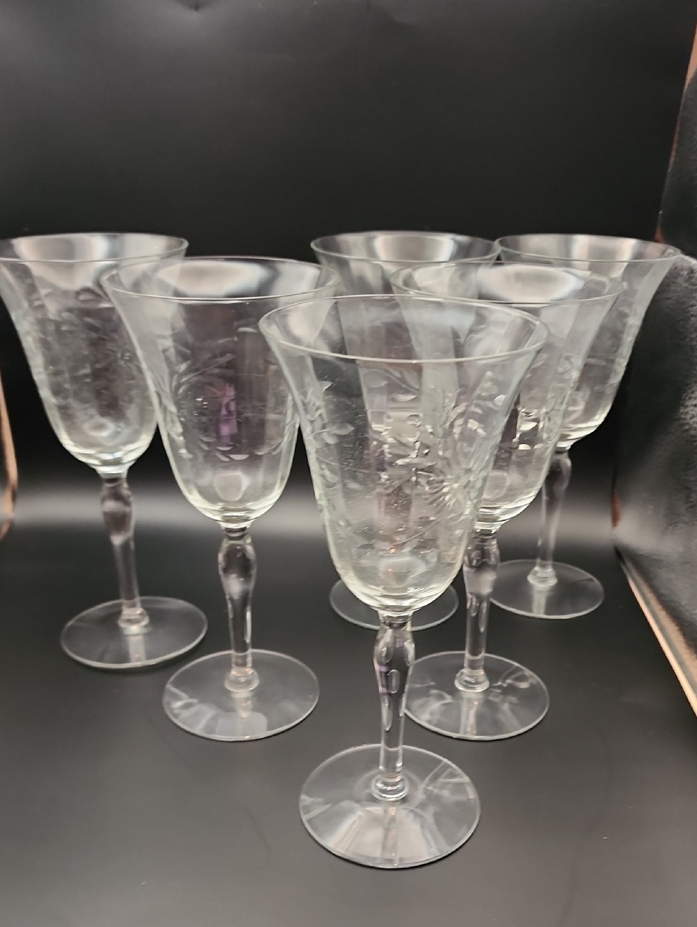 VINTAGE Etched Hand Cut Floral Pattern Crystal 6 Pc. Wine Glass Set